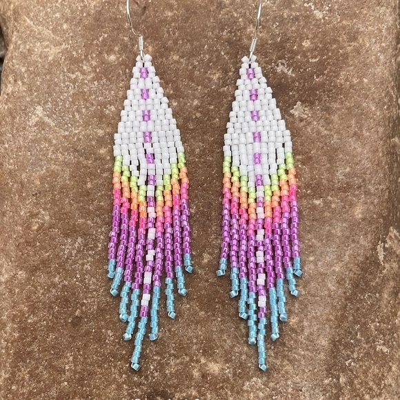 White with Sunset Colors Beaded Earrings with Fringe, New, Handmade by Me - Picture 1 of 6